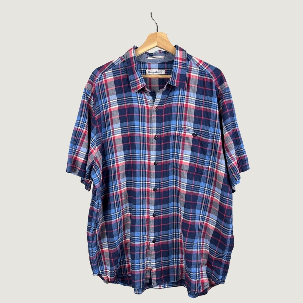 Tommy Bahama Shirt Men XL Blue Red Plaid Short Sleeve Button Down Cotton Blend